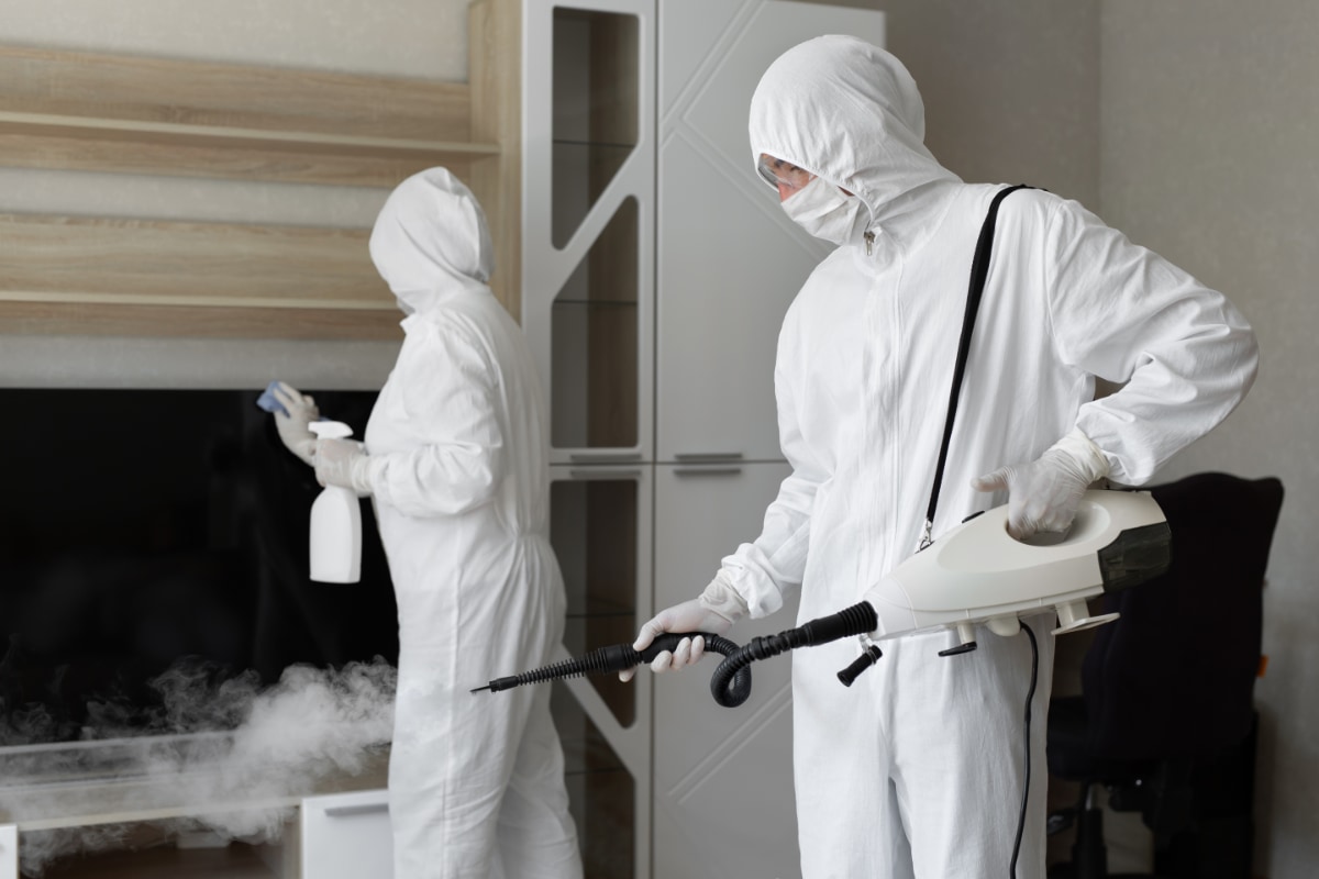 two people in office wearing white full body suits and using an electrostatic mist sprayer