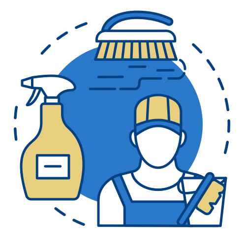 illustration of scrub brush, spray bottle, and cleaning man